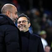 LEEDS, ENGLAND - DECEMBER 28: Leeds United Owner, Andrea Radrizzani speaks to Pep Guardiola, Manager of Manchester City ahead of the Premier League match between Leeds United and Manchester City at Elland Road on December 28, 2022 in Leeds, England. (Photo by Jan Kruger/Getty Images)