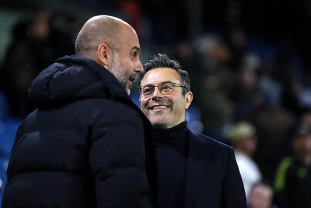 LEEDS, ENGLAND - DECEMBER 28: Leeds United Owner, Andrea Radrizzani speaks to Pep Guardiola, Manager of Manchester City ahead of the Premier League match between Leeds United and Manchester City at Elland Road on December 28, 2022 in Leeds, England. (Photo by Jan Kruger/Getty Images)