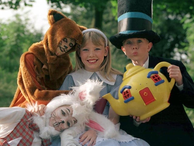 Pupils at Beeston Primary School were preparing to stage Alice in Wonderland in July 1998. Pictured are Rebecca Rawson (Alice), Danielle Schofield (The Cheshire Cat), Liam Smith (The Mad Hatter) and Craig Dinnewell (The White Rabbit).