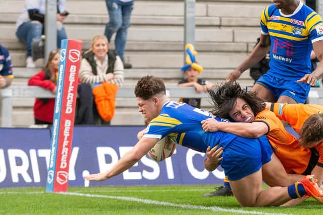 Kyden Frater scores for Rhinos' academy agianst Castleford this season. Picture by Craig Hawkhead/Leeds Rhinos.
