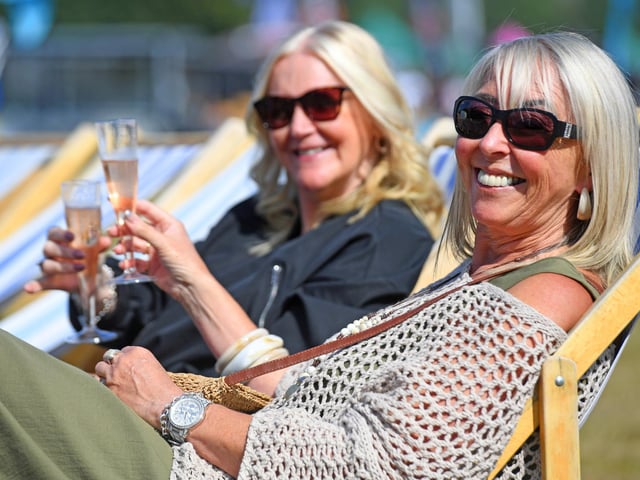 Sandy Nolan and Anna Paisley enjoy a Prosecco in the sunshine at Harrogate Food and Drink Festival at Ripley Castle. (Picture Gerard Binks)