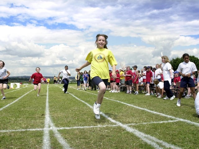 Sarah Burton wins her race at Beeston Primary School's sports day in July 2001.