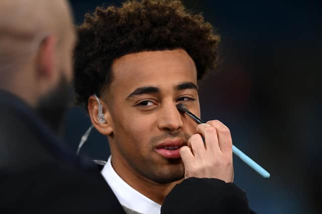 LEEDS, ENGLAND - DECEMBER 28: Tyler Adams of United States and Leeds United is given make-up whilst broadcasting for NBC ahead of the Premier League match between Leeds United and Manchester City at Elland Road on December 28, 2022 in Leeds, England. (Photo by Stu Forster/Getty Images)