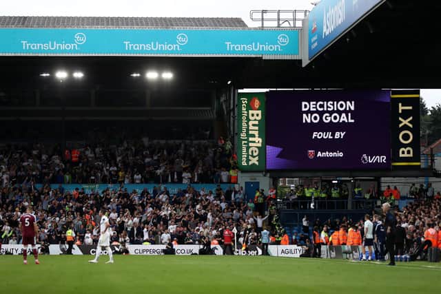 LEEDS, ENGLAND - SEPTEMBER 25: A general view inside the stadium as the LED screen displays a VAR check has been complete and a decision of 'No Goal' has been made during the Premier League match between Leeds United and West Ham United at Elland Road on September 25, 2021 in Leeds, England. (Photo by George Wood/Getty Images)