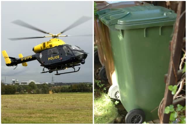 The helicopter detected Scott hiding in the bin.