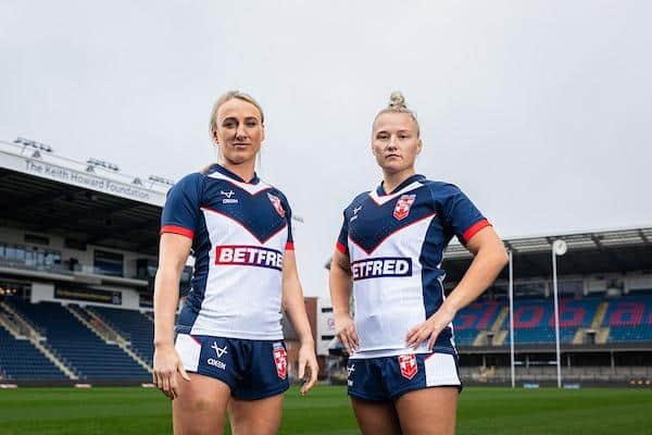 Georgia Roche, right, with England captain Jodie Cunningham at Headingley ahead of Saturday's Test against Wales. Picture by Alex Whitehead/SWpix.com.