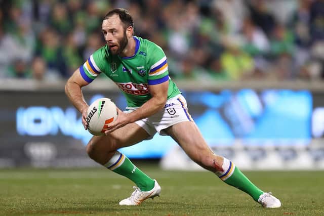 Matt Frawley in NRL action for Canberra against Brisbane Broncos at GIO Stadium on August 26 this year. Picture by Mark Nolan/Getty Images.
