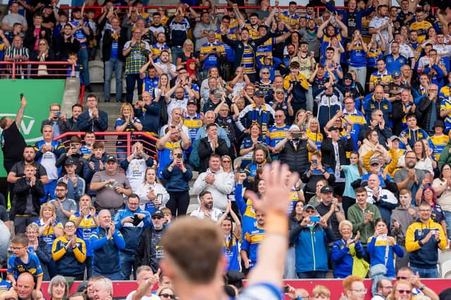 Leeds Rhinos fans celebrate the victory at Hull KR. Picture by Allan McKenzie/SWpix.com.