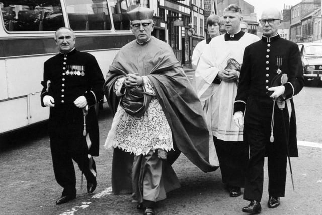 August 1972 and Cardinal B. Alfrink, Archbishop of Utrecht is pictured walking in the procession from Ripon Town Hall to Ripon Cathedral where he took part in the ecumenical service as part of the 1,300th anniversary celebrations