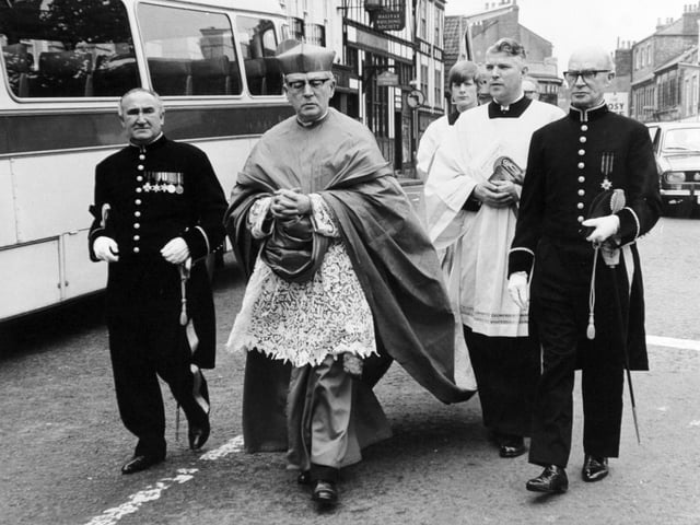 August 1972 and Cardinal B. Alfrink, Archbishop of Utrecht is pictured walking in the procession from Ripon Town Hall to Ripon Cathedral where he took part in the ecumenical service as part of the 1,300th anniversary celebrations