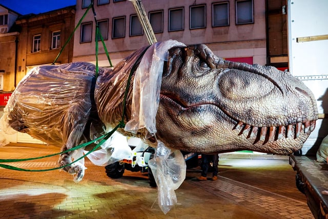 An enormous T-Rex was carefully transported along Briggate and Albion Street