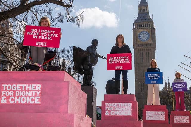Pro-assisted dying campaigners in Westminster on April 22, 2026. The Terminally Ill (End of Life) Bill, which ran out of time in the Commons that month, has since been re-introduced to the house