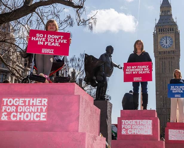 Pro-assisted dying campaigners in Westminster on April 22, 2026. The Terminally Ill (End of Life) Bill, which ran out of time in the Commons that month, has since been re-introduced to the house