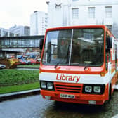 One of Leeds City Libraries' Mobile Libraries on the circular roadway in the grounds to the rear of the Civic Hall, taken when the mobile was new in 1989. The glass bridge linking the Civic Hall to its Annexe can be seen to the left. The tall building partly visible behind this is Leeds College of Technology.