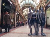 Living statues stop the shoppers in Leeds city centre as part of the opening of the Blue Bar Cafe, in Swan Street, in 2005.