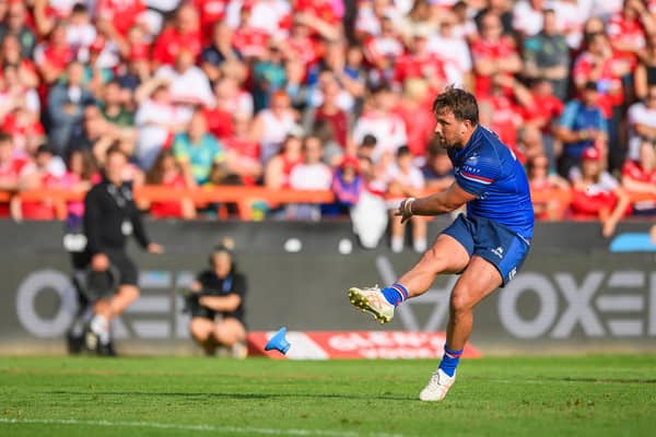 Tyson Smoothy kicks a conversion for Wakefield Trinity during last week's win at Hull KR. Picture by Allan McKenzie/SWpix.com.