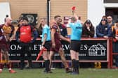 Dane Manning is sent off by referee Scott Mikalauskas during Batley Bulldogs' defeat to Bradford Bulls in the 1895 Cup. Picture by John Clifton/SWpix.com.