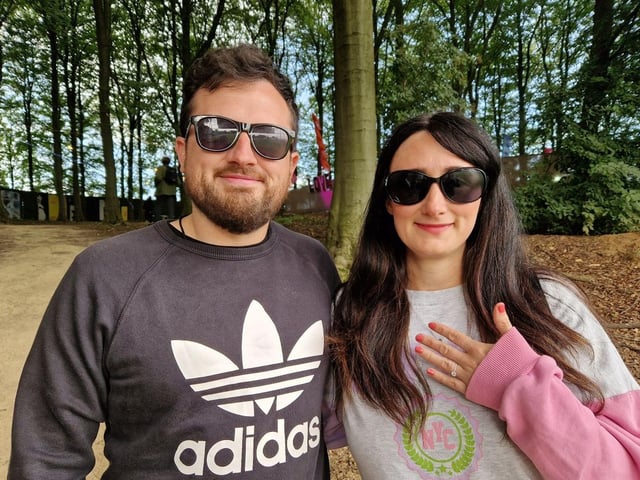 We met Bill and Jo from Wrexham, who got engaged in their tent on the first day of the festival. Congratulations!