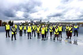 Staff at Leeds Teaching Hospitals Trust celebrating at the topping-out ceremony.