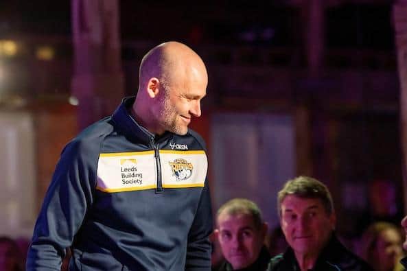 Hull coach Tony Smith looks on, right, as Leeds' Rohan Smith takes his place at the Betfred Super Leagues launch. Picture by Allan McKenzie/SWpix.com.