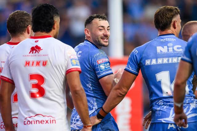 Leeds Rhinos' Jake Connor celebrates his try in the 34-8 win against Hull KR. Picture by Allan McKenzie/SWpix.com.