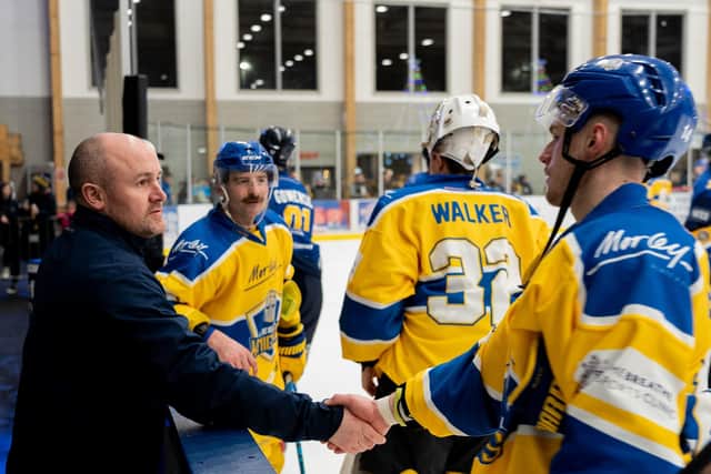 THAT'LL DO FOR ME: Leeds Knights' head coach Ryan Aldridge congratulates his players on an impressive performance against Raiders IHC at Elland Road on Saturday night. Picture courtesy of Oliver Portamento