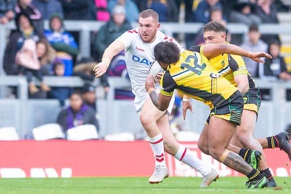 Rhinos' Cameron Smith in action for England Knights against Jamaica at Headingley in 2019. Picture by Allan McKenzie/SWpix.com.
