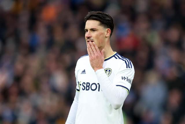 LEEDS, ENGLAND - MARCH 11: Robin Koch of Leeds United reacts during the Premier League match between Leeds United and Brighton & Hove Albion at Elland Road on March 11, 2023 in Leeds, England. (Photo by George Wood/Getty Images)