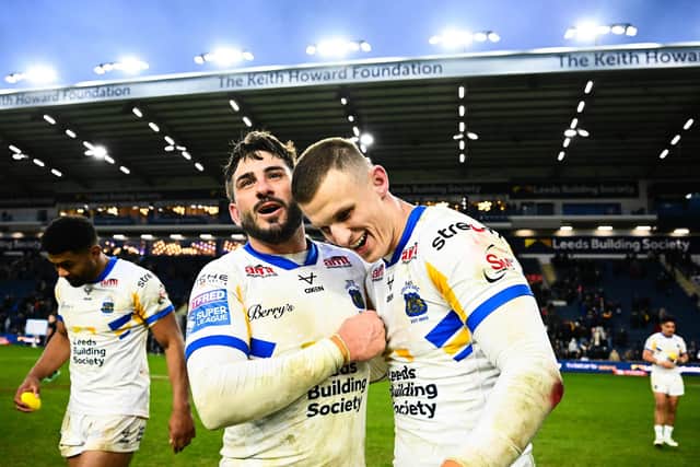 Jack Bird, left and Ash Handley celebrate Leeds Rhinos' win against Warrington Wolves. Picture by Olly Hassell/SWpix.com.
