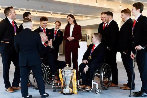 HRH Catherine The Princess of Wales meets the England wheelchair rugby league team. Picture by Simon Wilkinson/SWpix.com.