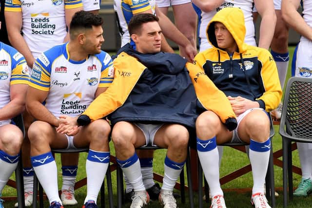 Bridie Croft, middle, with Rhyse Martin, left and Harry Newmabn at Leeds Rhinos' pre-season photocall this week. Picture by Simon Hulme.