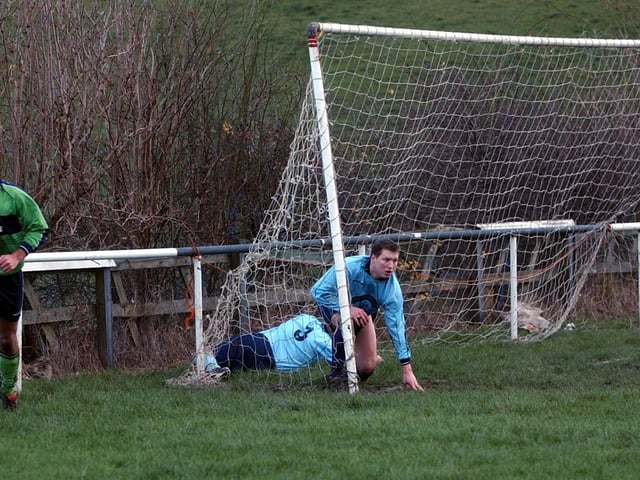 John Ward of Beeston St. Anthony's scores his second goal against Tadcaster Magnets in a West Yorkshire League Cup quarter-final tie in December 2002.