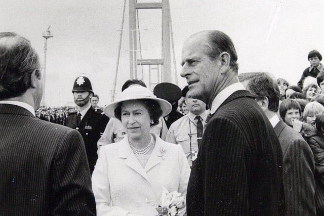 The Queen and Duke of Edinburgh by the Humber Bridge at the opening 1981.