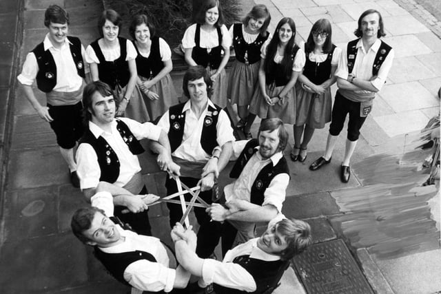 January 1975 and members of Leeds University Sadler Hall Folk Group were preparing to flying to Sicily to represent England in a folk dance festival. Pictured are Les Glasgow, Derek Farley, Tom Walker, Tim James and Alan Keen getting in some practice, watched by other group members, from left, Jim Fisher, Ann Weatherall, Jen Errey, Jan Kendal, Liz Halliday, Gill Cross, Denise Bell and Andy Valentine.