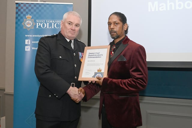 Mr Morrison was one of four members of the public to scoop the District Commanders Commendation. Along with Mahboob Hussain, he bravely apprehended a male suspect in Chapeltown who was armed with a sword and causing damage to a relative's building.