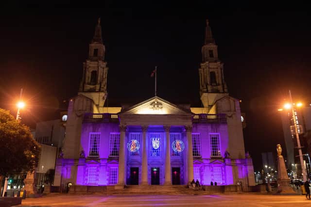 Leeds Civic Hall lit to celebrate the start of Leeds 2023. Photo: Bruce Rollinson