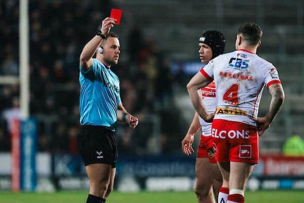 St Helens' Mark Percival was sent-off by referee Tom Grant during last week's home loss to Salford Red Devils. Picture by Alex Whitehead/SWpix.com.