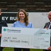 Christopher Hull, Managing Director for Persimmon West Yorkshire, Otley RUC Brand and Social Media Secretary Jessica Hargreaves  and Otley RUC Chairman Paul Mackie