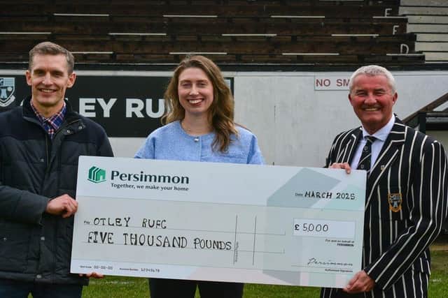 Christopher Hull, Managing Director for Persimmon West Yorkshire, Otley RUC Brand and Social Media Secretary Jessica Hargreaves  and Otley RUC Chairman Paul Mackie