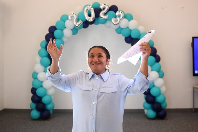Juwairia Junaid from Leeds, who is totally blind, celebrates passing her exams.
