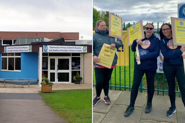 Queensway School, in Yeadon, pictured left and, right, campaigners fighting against its closure (credit: Victoria Lancaster).