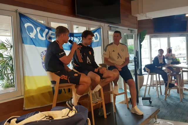 DOUBLE ACT - Michael Bridges hosted a Q and A for fans on the Gold Coast, with strikers Joe Gelhardt and Patrick Bamford.