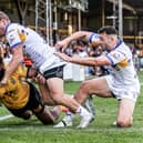 Mikaele Ravalawa seen scoring in Castleford Tigers' win aganst Leeds Rhinos two weeks ago. Picture by Simon Hall/SWpix.com.