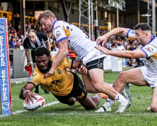 Mikaele Ravalawa seen scoring in Castleford Tigers' win aganst Leeds Rhinos two weeks ago. Picture by Simon Hall/SWpix.com.