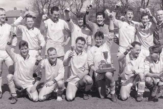Celloglas were celebrating after winning the Leeds Sunday League's Jack Shaw Memorial Trophy in April 1990. Back row, from left, are Neil Beck, Ian McArdle, Mike Townsley, Warren Freer, Chris Duffy, Bob Exton, Eddie Hickson and John Swain. Front row, from left, are Stuart Frank, Ian Gibbon, Kevin Reynolds, Mick Tate, Malcolm Lockwood and Simon Freer.