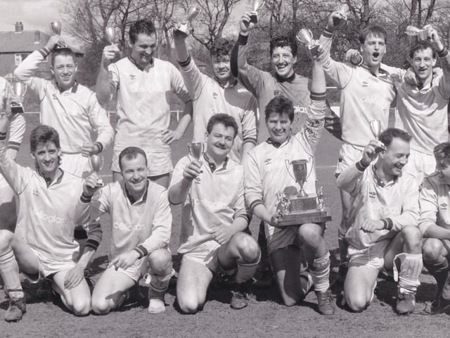 Celloglas were celebrating after winning the Leeds Sunday League's Jack Shaw Memorial Trophy in April 1990. Back row, from left, are Neil Beck, Ian McArdle, Mike Townsley, Warren Freer, Chris Duffy, Bob Exton, Eddie Hickson and John Swain. Front row, from left, are Stuart Frank, Ian Gibbon, Kevin Reynolds, Mick Tate, Malcolm Lockwood and Simon Freer.