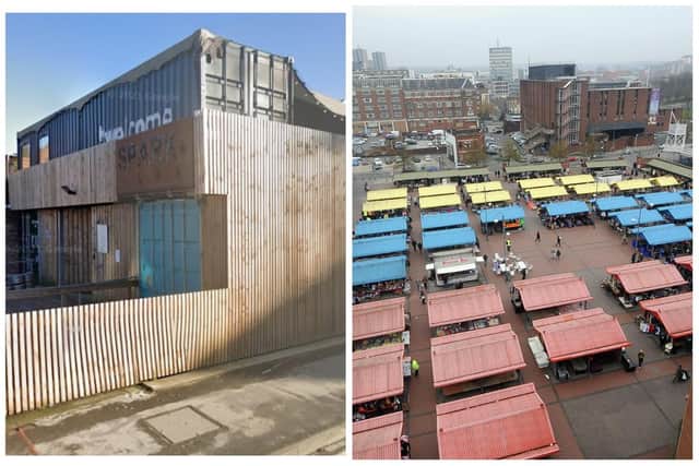 Council documents said the plans for Leeds Kirkgate outdoor market (right) could take inspiration from container parks such a Boxpark in London and Spark in York (left).