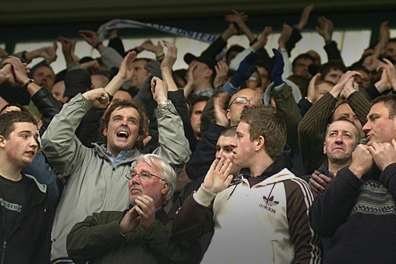 Leeds United fans celebrate an April 2008 victory over Millwall in London. David Prutton and Andy Hughes got the goals. Pic: Matthew Page