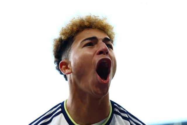 CARDIFF, WALES - JANUARY 08: Mateo Joseph of Leeds United celebrates the team's second goal scored by Sonny Perkins (not pictured) during the Emirates FA Cup Third Round match between Cardiff City and Leeds United at Cardiff City Stadium on January 08, 2023 in Cardiff, Wales. (Photo by Michael Steele/Getty Images)