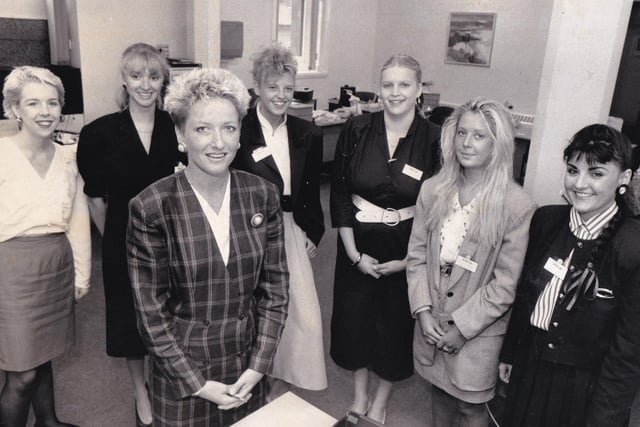 Staff at Link-Up Recruitment on Park Row in Leeds city centre pictured in September 1989.